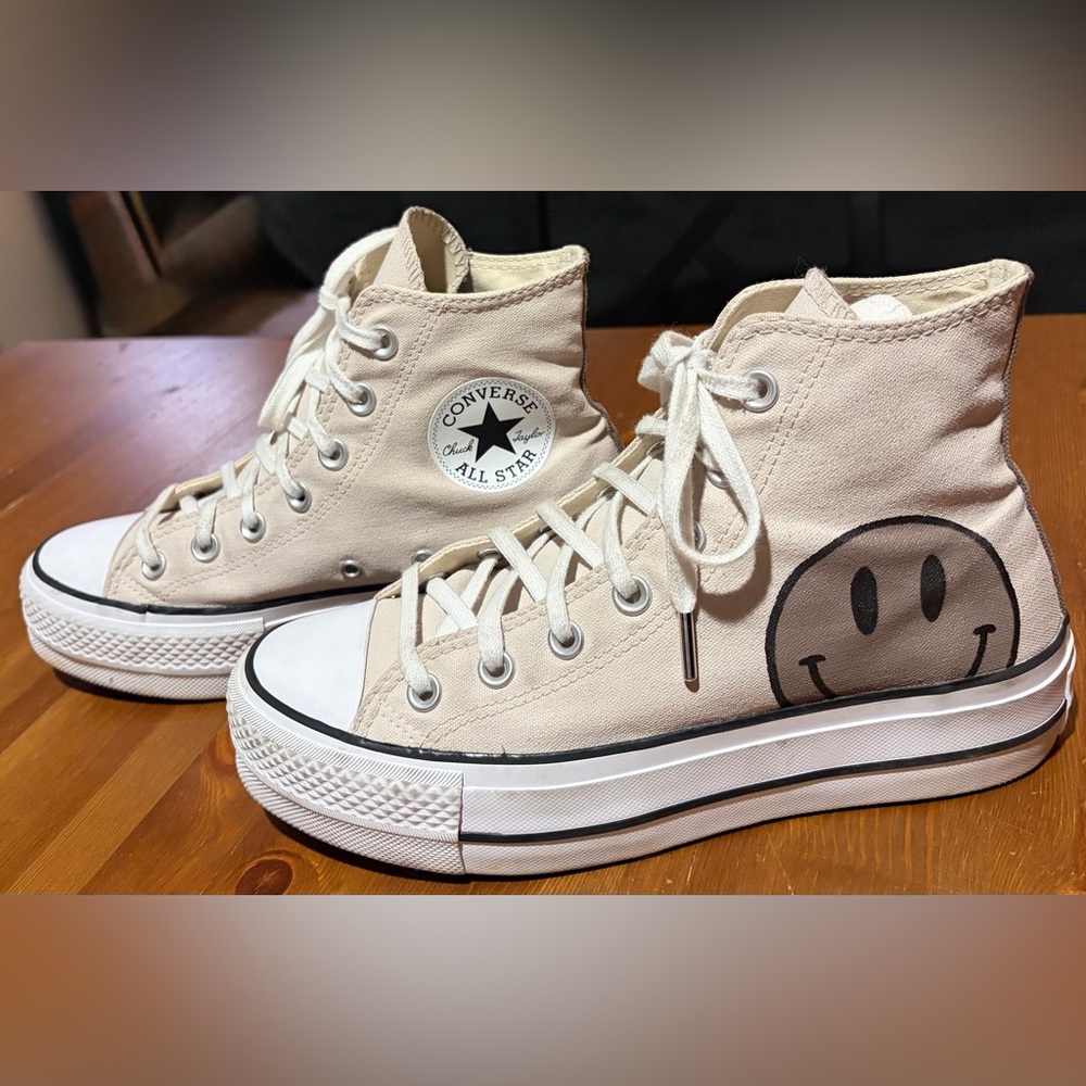 Converse Cream High-Top Platform Sneakers with Smiley Accent